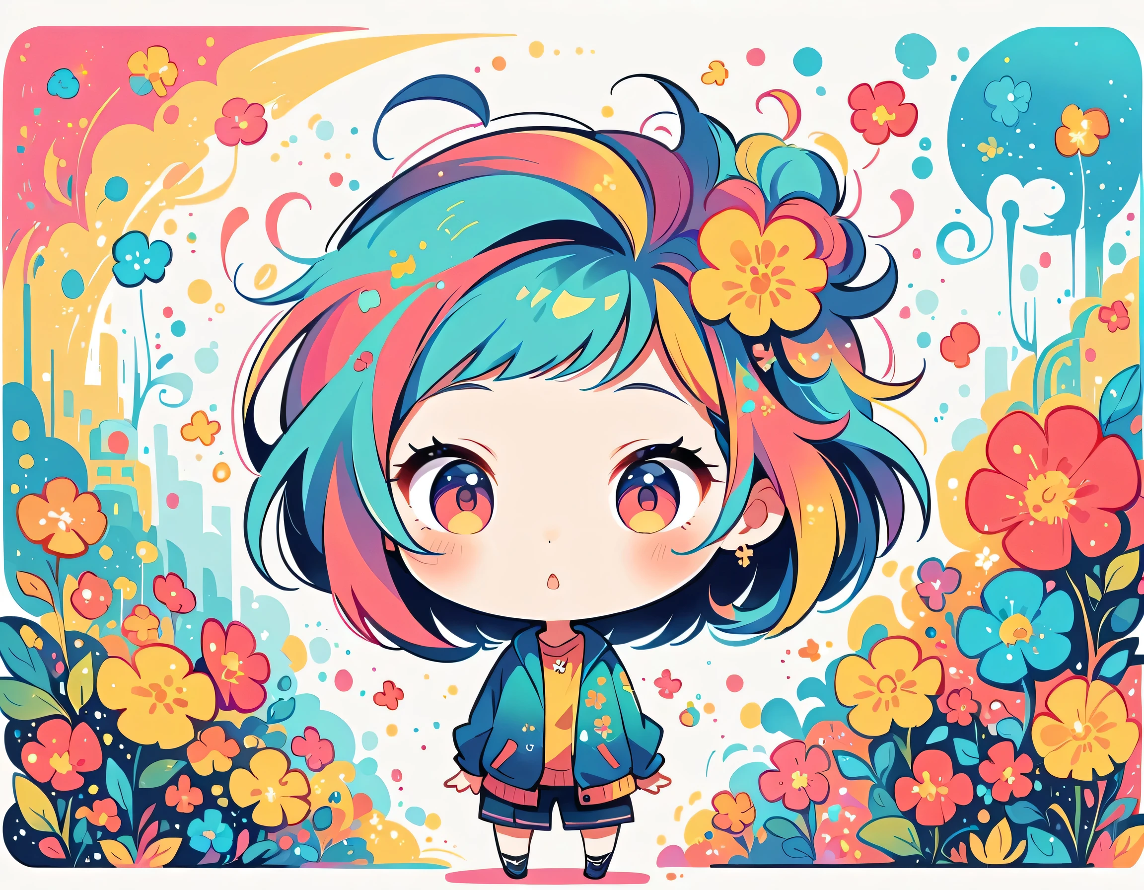 Watase Seizo style, Standing in front of a high wall,Simple Line Initialism,Abstract art,Urban Background, (((The most beautiful girl))), (((chibi))), colorful flowers