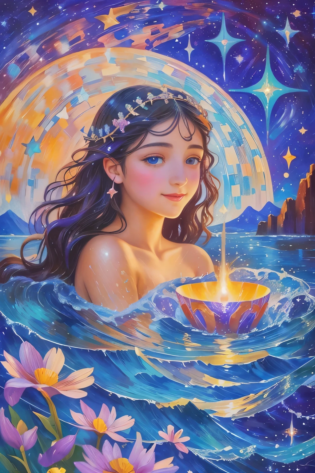 A young goddess swimming in the universe, Eyes full of joy and anticipation, eyes filled with happiness, impressionist painting touch, western painting, oil painting, Mother nebula where stars are born, sparkling stars, Waves of light that connect the past and the future, light of various wavelengths, Impressionism, Classicism, Gothic art, catch light of eyes