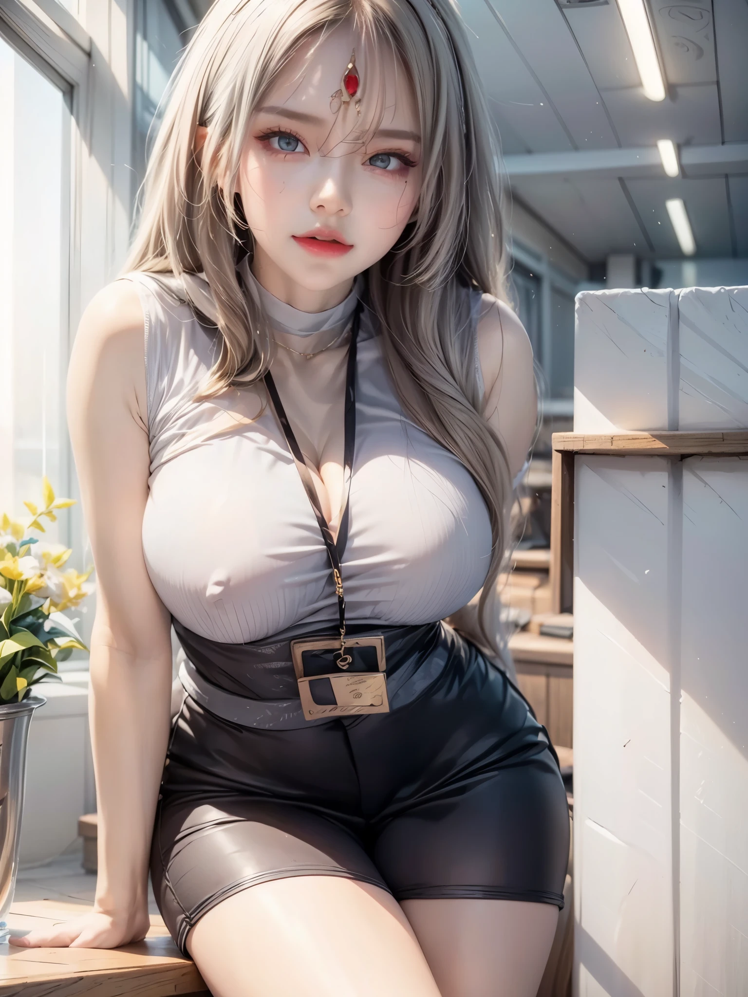 realistic, 1 women, best quality, 12k, HD, long hair, big round breasts, cleavage, ponytail, necklace, jewelry, shorts, short jacket, slim hips, hair tie, yellow eyes, black hair, super detailed, Eye details, hair details, person details, mouth details, face details, breast details, clothes details, hair details, pants details, hand details, whole body