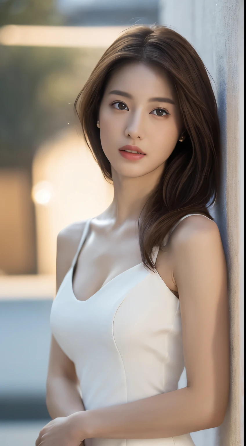 ((Realistic lighting, Best quality, 8K, Masterpiece: 1.3)), Focus: 1.2, 1girl, Perfect Figure: 1.4, Slim Abs: 1.1, ((Dark brown hair)), (White dress: 1.4), (Outdoor, Night: 1.1), Super fine face, Fine eyes, Double eyelids, nude