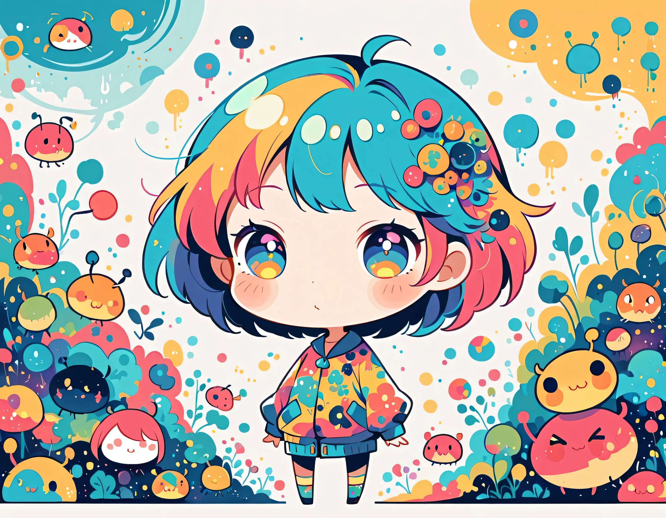 Watase Seizo style, Standing in front of a high wall，Simple Line Initialism，Abstract art，Urban Background, (((The most beautiful girl))), (((chibi))), Cute and colorful pillbugs