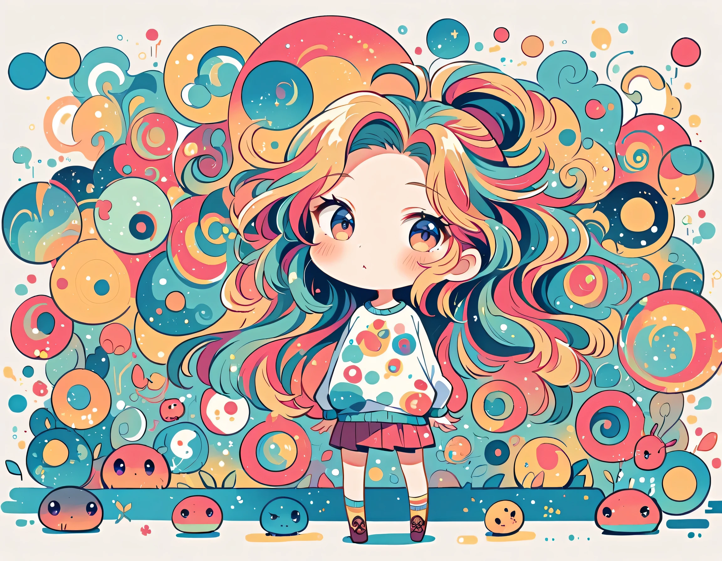 Watase Seizo style, Standing in front of a high wall，Simple Line Initialism，Abstract art，Urban Background, (((The most beautiful girl))), (((chibi))), Cute and colorful pillbugs