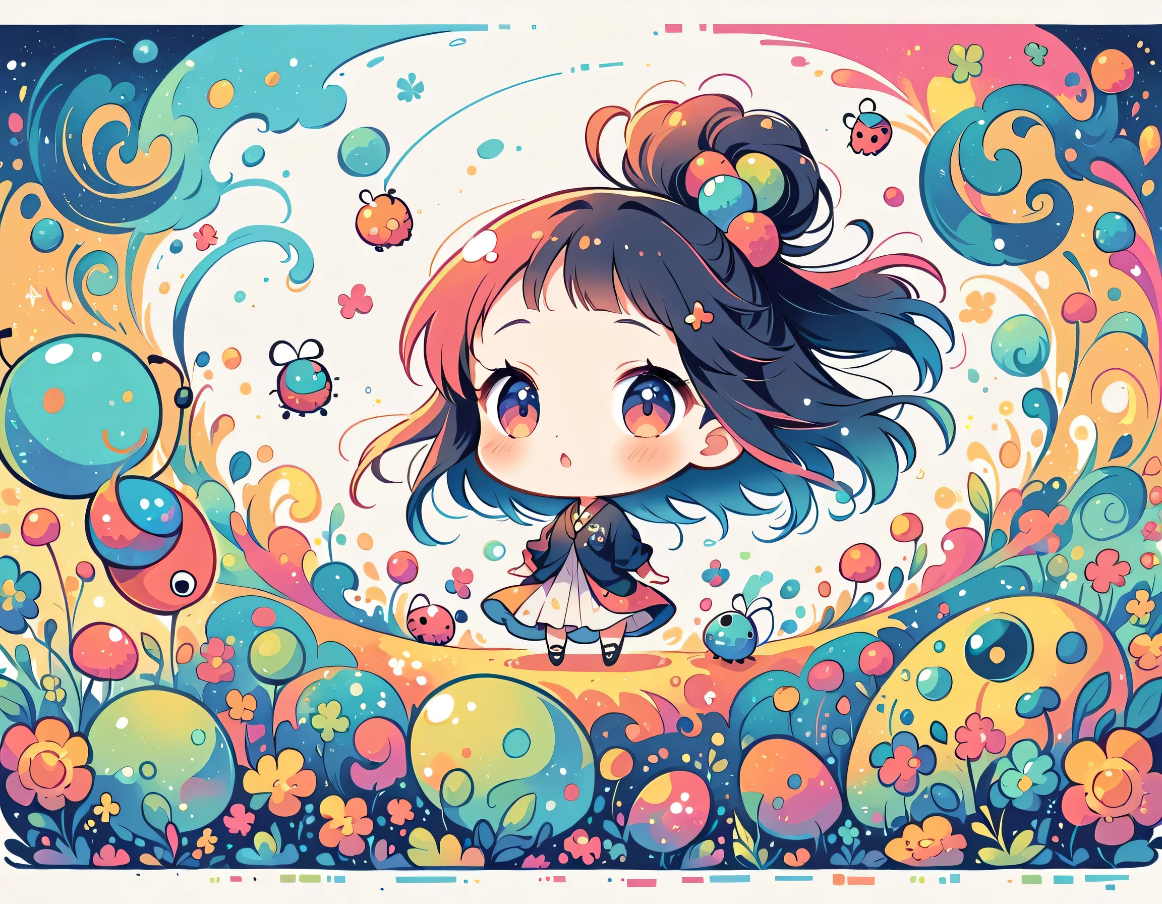 Watase Seizo style, Standing in front of a high wall,Simple Line Initialism,Abstract art,Urban Background, (((The most beautiful girl))), (((chibi))), Cute and colorful pillbugs