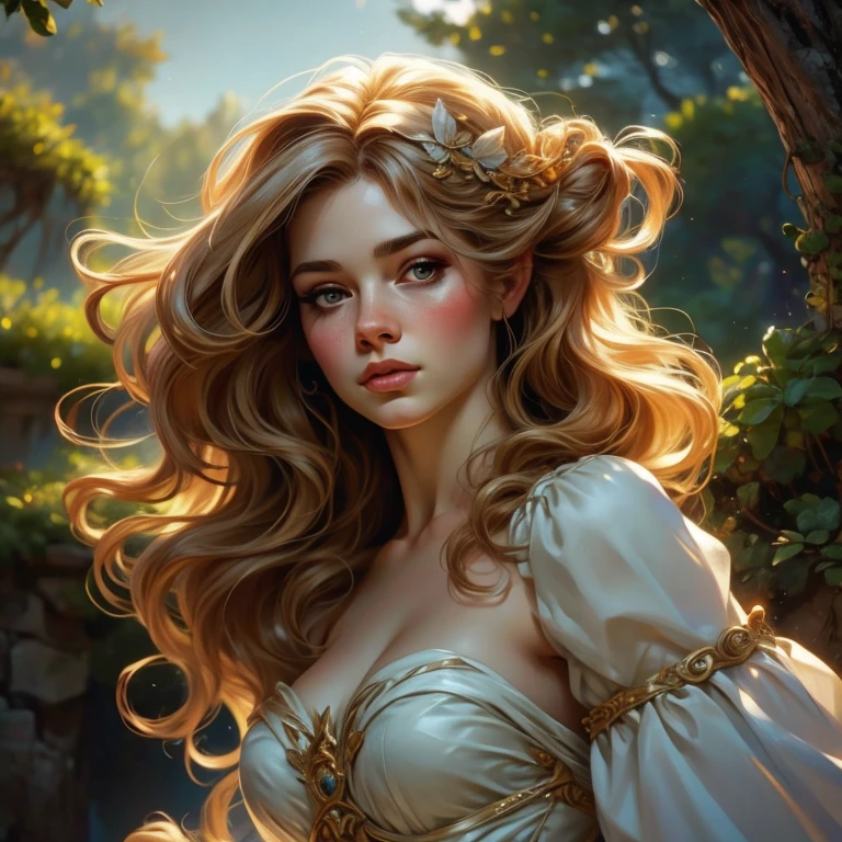 Titania, the beautiful and graceful queen of the fairies、Detailed portrait of the whole body、Delicate and elegant、(highest quality、4k、8k、High resolution、masterpiece:1.2)、Super detailed、(Real、Photorealistic、Photorealistic:1.37)、Intricate fantasy dress、long flowing hair、Sharp Eyes、Graceful pose、Dramatic lighting、Bright colors、Fantasy landscape background、Cinematic composition