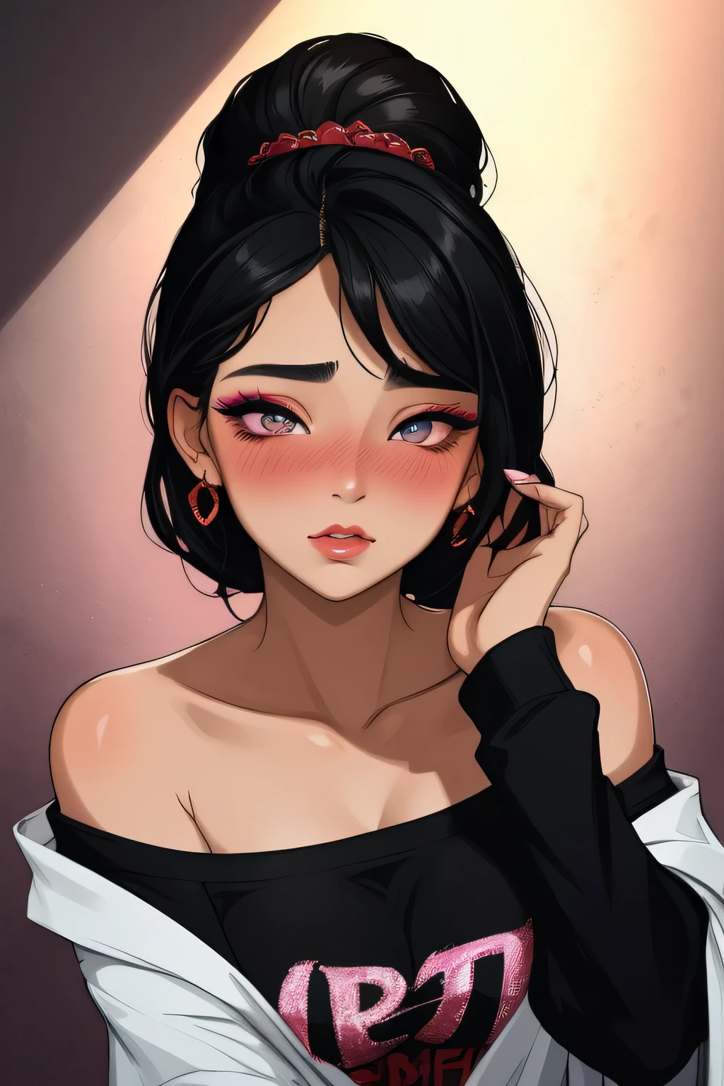 Amazing portrait of a sexy woman with a beautiful face emphasised by amazing makeup and black hair and seductive eyes in an intense gaze with her mouth parted and a deep blush on her face as she's flustered wearing an off shoulder t shirt