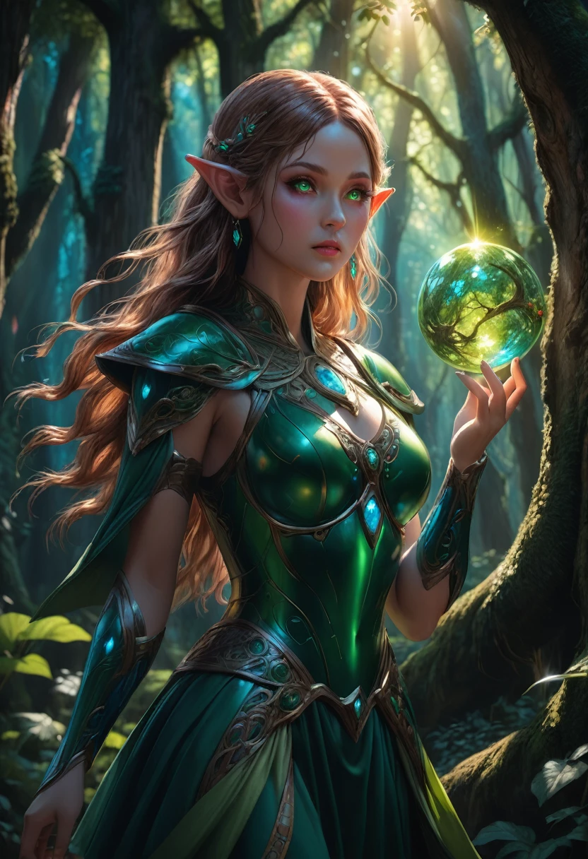 Elf, a beautiful female elf with long flowing hair, detailed facial features, (long pointed ears:1.5), emerald green eyes, wearing an elegant forest green dress, standing in a lush enchanted forest with tall ancient trees, sunlight filtering through the leaves, a magical glowing orb floating nearby, (best quality,4k,8k,highres,masterpiece:1.2),ultra-detailed,(realistic,photorealistic,photo-realistic:1.37),intricate details,cinematic lighting,vibrant colors,fantasy art
