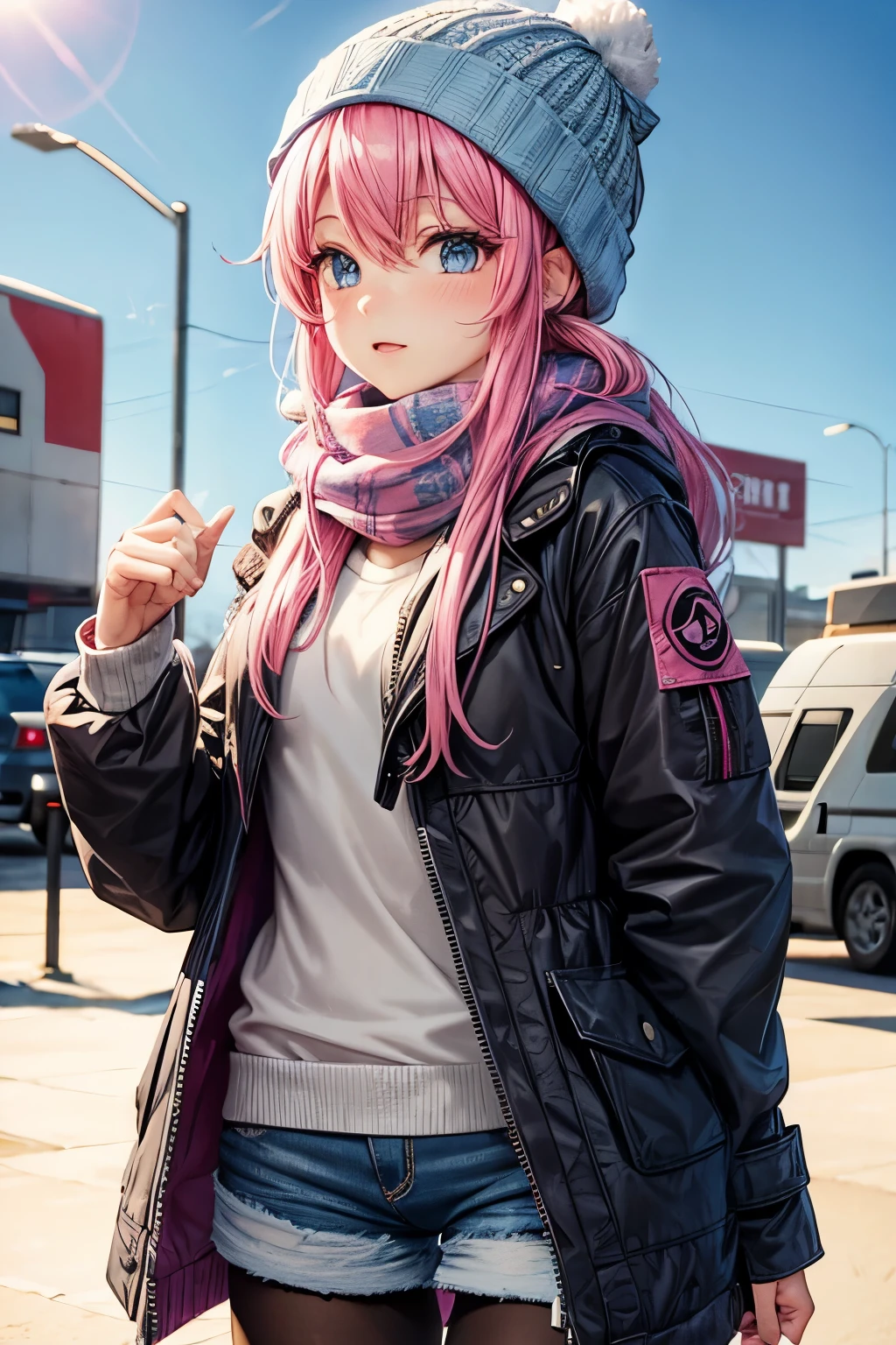 Pink hair, blue eyes, girl, knitted hat, scarf, down jacket, denim shorts, black pantyhose, camping