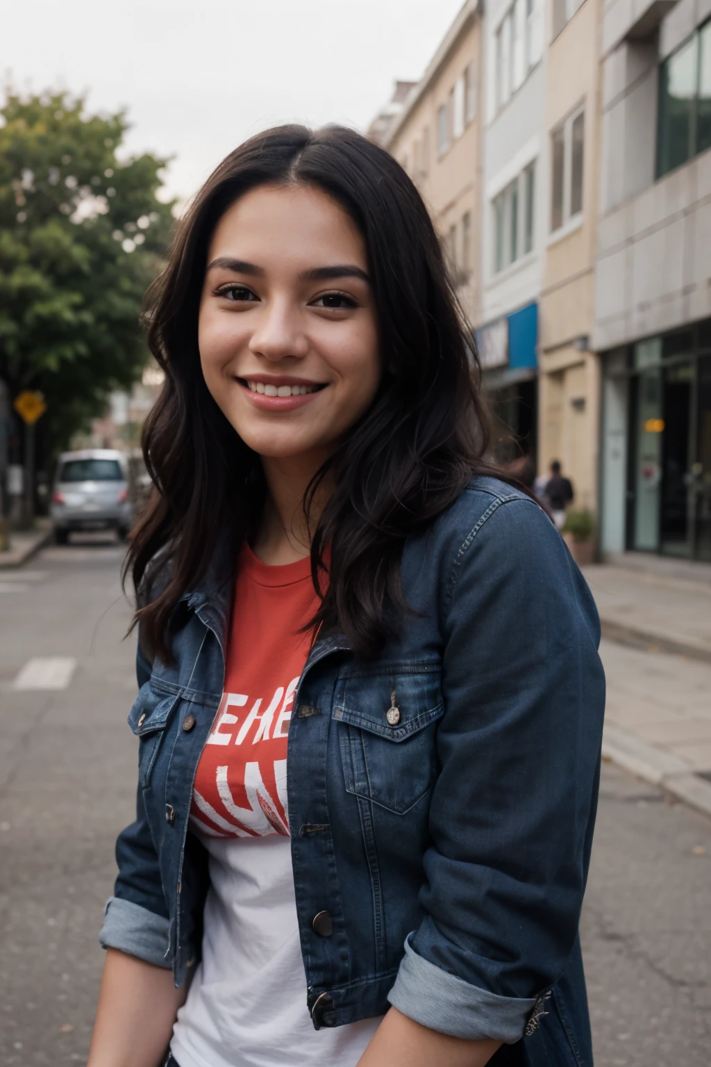 Smiling Young Hispanic Woman with Long Black Hair – Wearing a Denim Jacket over a Red T-Shirt – Urban Street Background – Photorealistic Image”