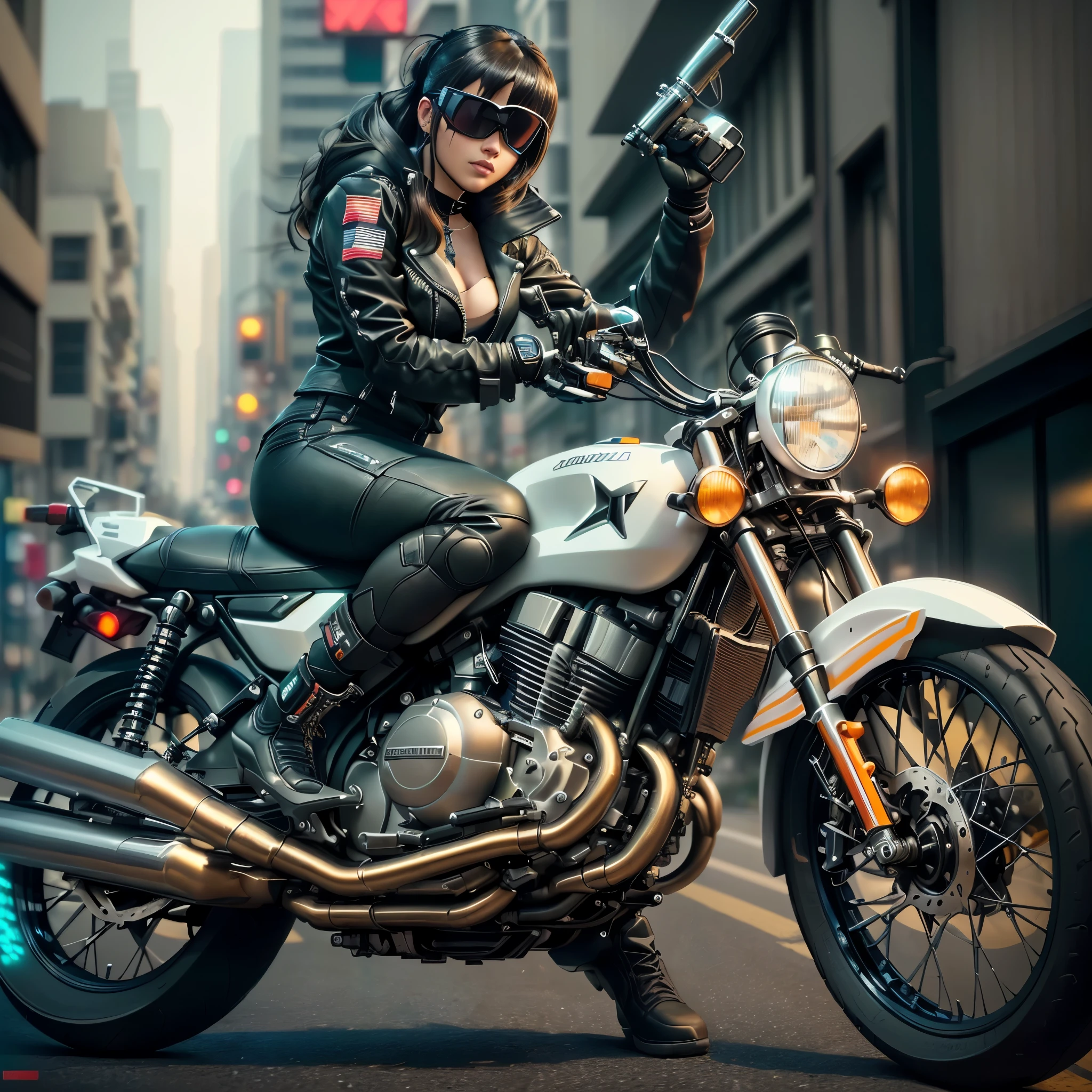 there is a man riding a motorcycle on a city street, picture of a female Biker, Sitting on a cyberpunk bike, riding a motorcycle, motorBiker, motorcycle, picture of a male Biker, Biker, sitting on a motorcycle, GTA V artwork style, Highly detailed cinematic in octane number, GTA Characters, Riding on motorcycle, 3d render of Germa 9 8 5
