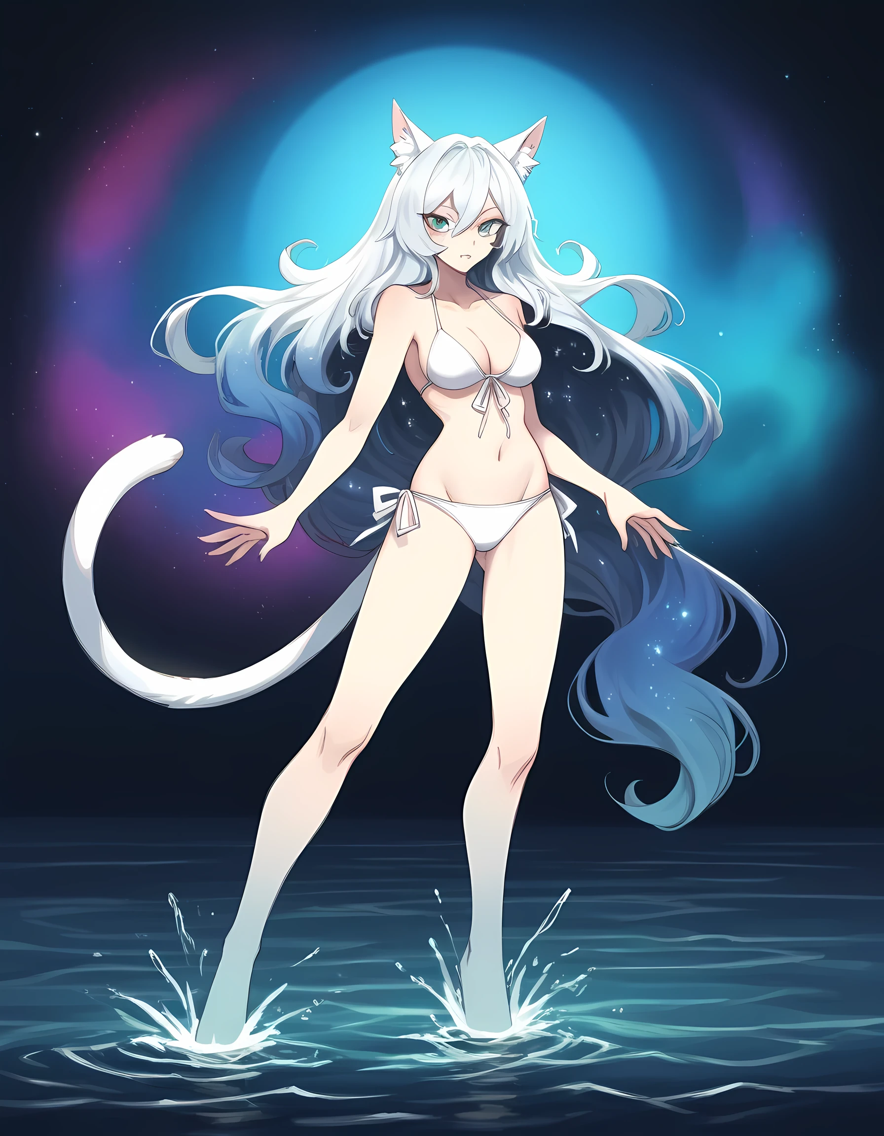 BREAK score_9, score_8, (score_7:0.5), (score_6:0.5) BREAK, feline, catgirl, species_swap, cosmic_hair, source_furry,, (white bikini), cowboy shot, standing, standing legs apart, sea in the background, High-quality, vibrant colors