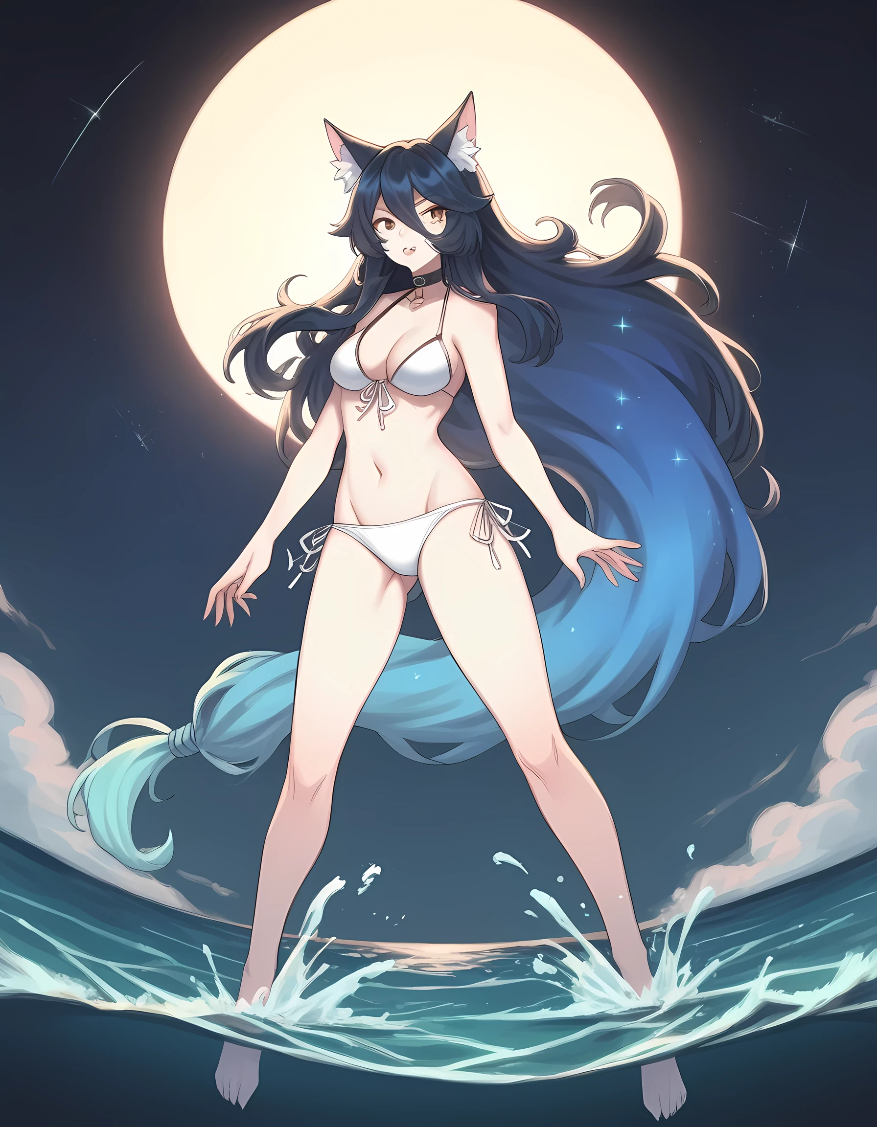 BREAK score_9, score_8, (score_7:0.5), (score_6:0.5) BREAK, feline, catgirl, species_swap, cosmic_hair, source_furry,, (white bikini), standing, standing legs apart, sea in the background, High-quality, vibrant colors