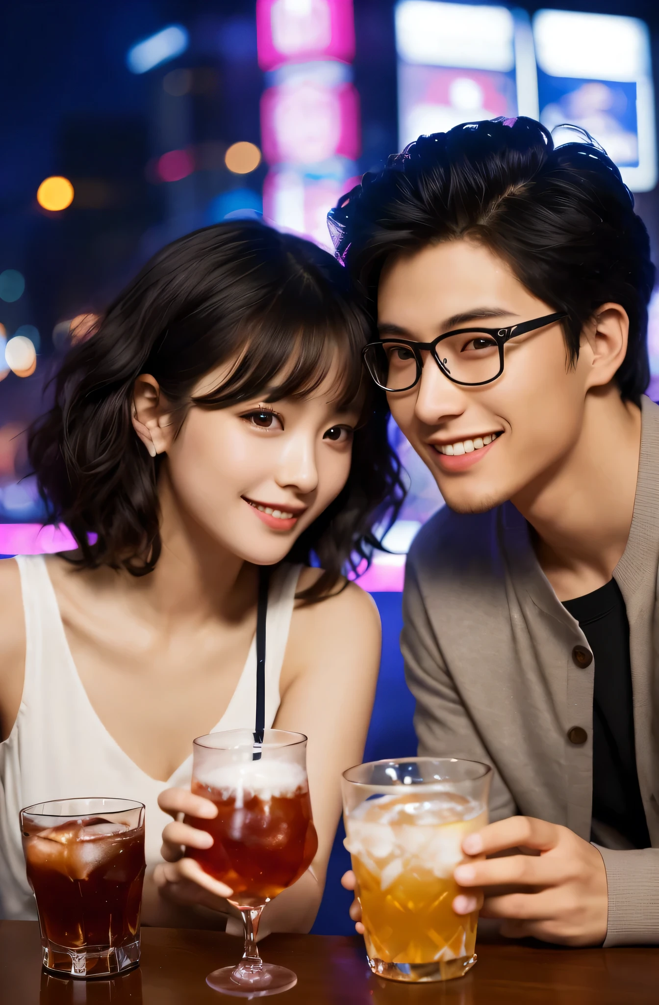 (masterpiece:1.2), high quality, High resolution, High-definition images like those taken with a high-end camera、Couple、banquet、The man is a 24-year-old Japanese man.、Cut your hair short、Black Hair、Curly hair、Beautiful woman holding glasses and a cup、The woman is an 18-year-old Japanese woman.、A lovely smile while drinking alcohol、The location is a dimly lit bar、In the background you can see a man and a woman enjoying a drink