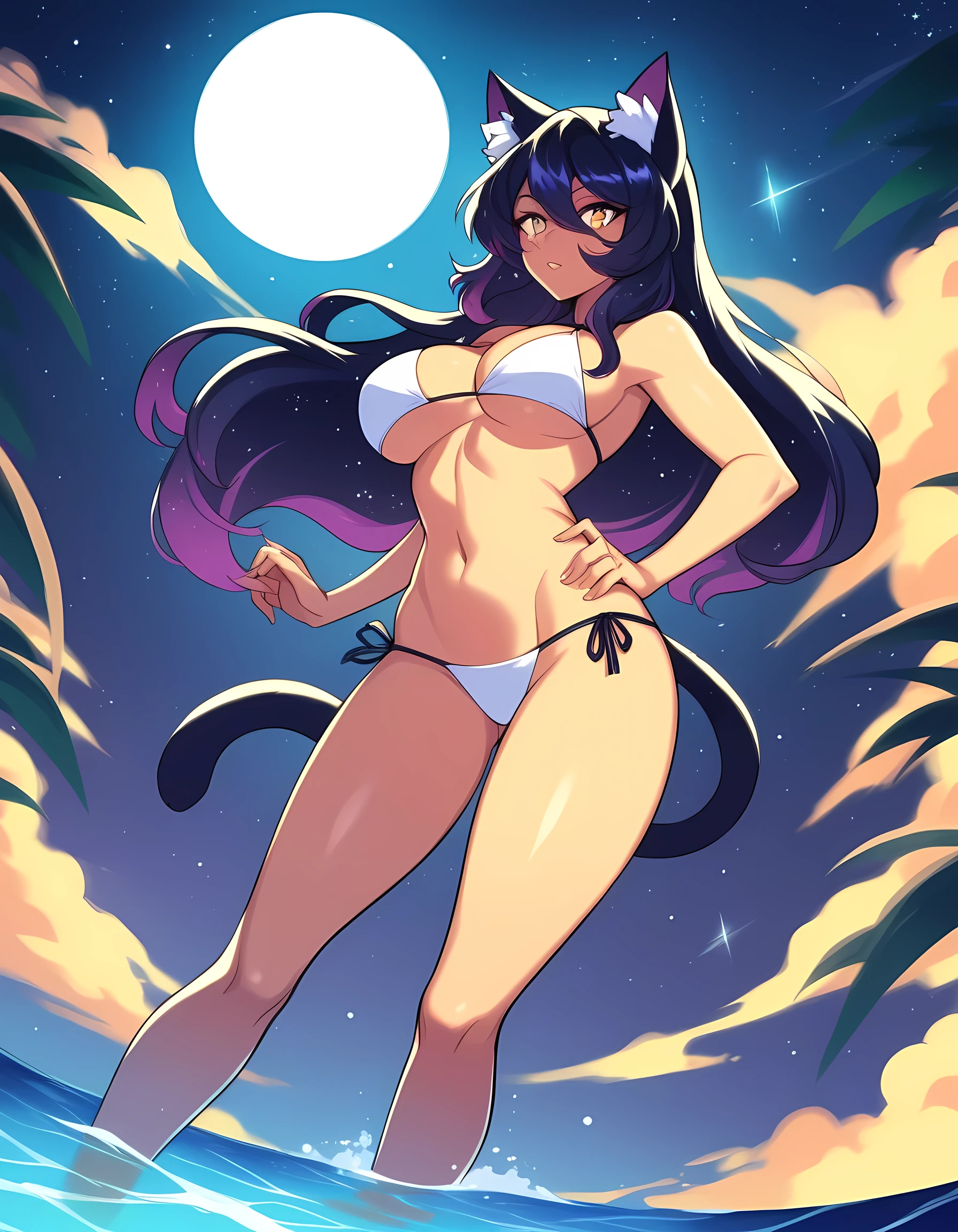 BREAK score_9, score_8, (score_7:0.5), (score_6:0.5) BREAK, feline, catgirl, species_swap, cosmic_hair, source_furry,, (white bikini), standing, standing legs apart, sea in the background, High-quality, vibrant colors