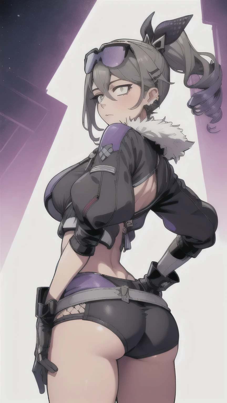 SilverWolfV4, gloves, hair between eyes, JEWELRY,purple black jacket, Earrings, black gloves, fishing nets, purple black fingerless gloves, солнцеglasses, glasses on head, ((white tail, a gift, Drill hair, ))white mother,
(masterpiece, top quality, Best quality, official art, Beautiful and aesthetically pleasing:1.2), (1 girl), extremely detailed, Colorful, The most detailed,
(Huge breasts:1.2,) Upper body, From below, Camel toe, black leather skinny shorts, ass