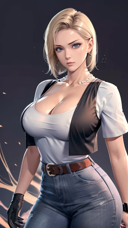 （（（完美number，number，Solitary， （（（belt, jeans, pearl_necklace, bracelet, Black gloves, White shirt,Short sleeve, earrings, Blue pants, Open vest, Black vest,））），（（（and 18, Robot 18, Blonde Hair, blue eyes,  short hair, ））），((masterpiece)),high resolution, ((Best quality at best))，masterpiece，quality，Best quality，（（（ Exquisite facial features，looking at the audience,There is light in the eyes，(（（angry，Serious））)，））），型number:1.7））），（（（light and shadow，Huge breasts））） (((Large Breasts、Breast sagging、Low-cut，Cleavage ，Wide hips,)))((Long legs)),Hourglass figure))，（（（Looking at the camera，black background）））