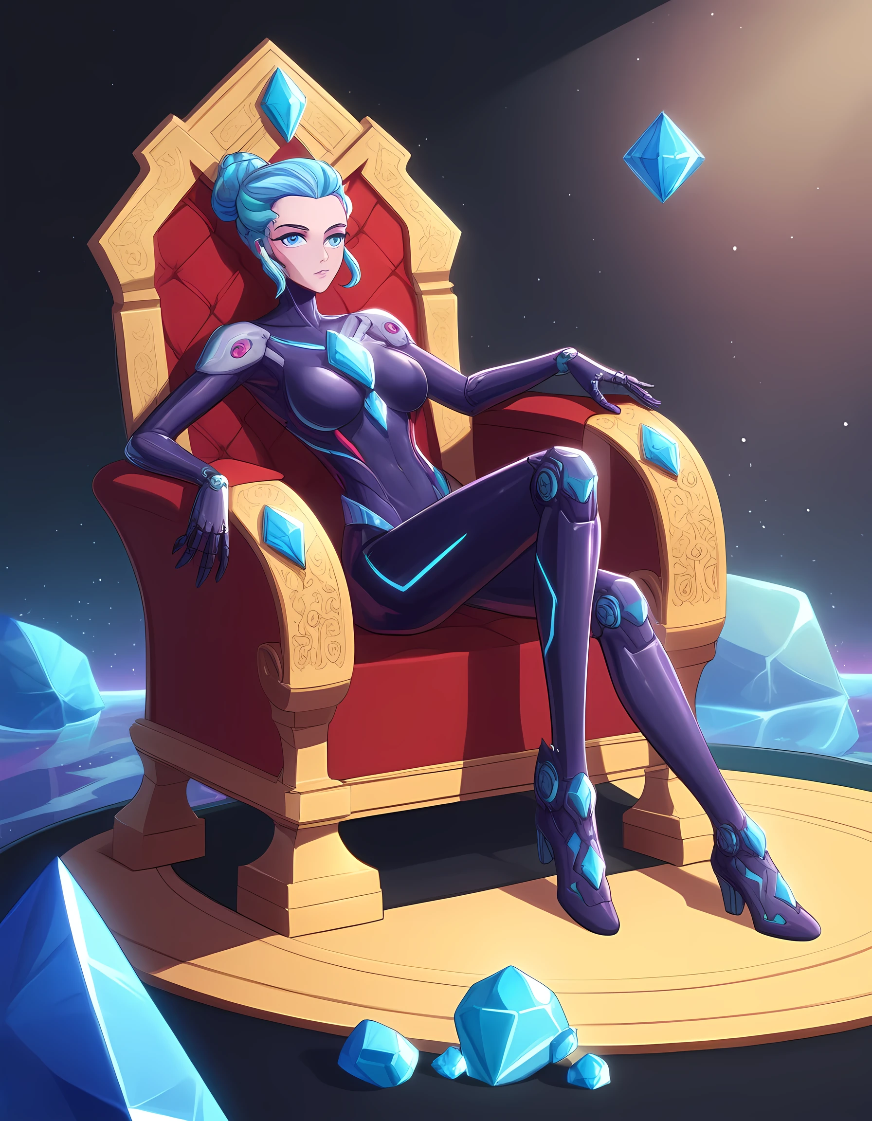 BREAK score_9, score_8,  (score_7:0.5),  (score_6:0.5) BREAK, masterpiece, colorful, multicolored_hair, diamond_\(gem\), gem, crystal, queen, throne, galactic, cosmic_hair, (translucent:1.5), translucent_hair , cyborg, sitting, translucent_female, translucent_hair, High-quality, Hyper-maximalist, negative space, extremely intricate, prismatic colors, glimmering oils, vantablack, (Schrödinger's red), the rule of thirds