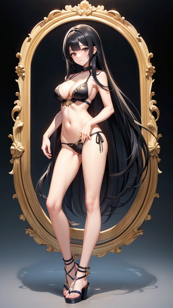 Beautiful girl with long straight black hair and bangs,hairpin,,cleavage,Thong,Bellyband,,,sandals,Standing(Delicate face:1.2),
