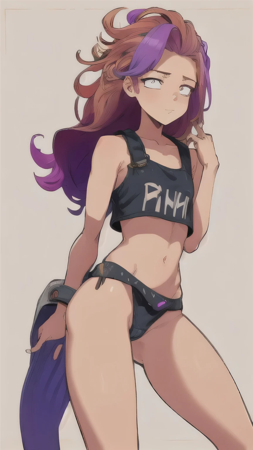 1 girl, Zoey, (Heterochromia:1.3), (long hair), (dirty hair), purple hair , in thongs and crop top, lush, magic hair, sucks dick