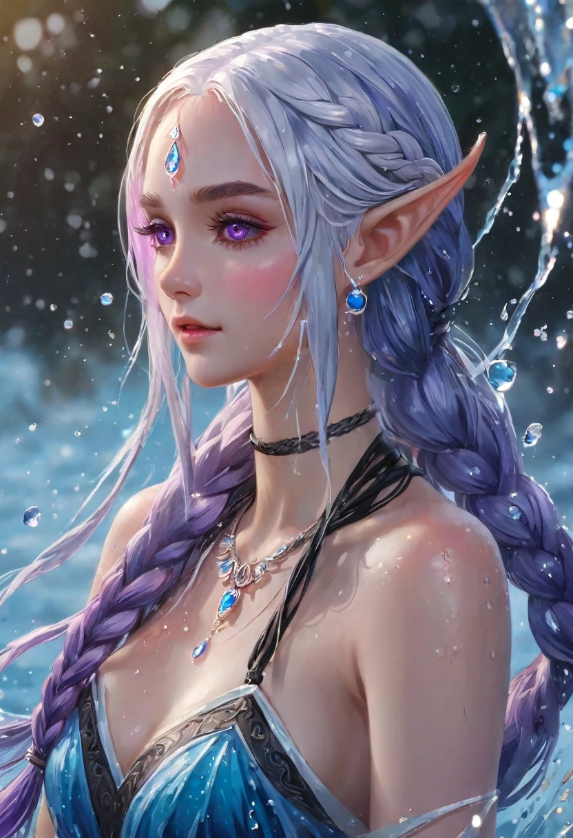 (masterpiece, illustration, best quality:1.5), 1 Elf girl, yinji, pointy ears, purple hair, purple eyes, long hair, white hair, double braids, gradient hair, water blue body painting, global illumination, finely detailed, beautiful face, beautiful detailed shading, (3_water_droplets), tilted halos, body lightly covered with frost, water elements, water drops, water, jowelery and wet atmosphere,beautifully detailed background, cinematic, black ice, pink and blue gems , transparent sky blue scarf , royal blue dress