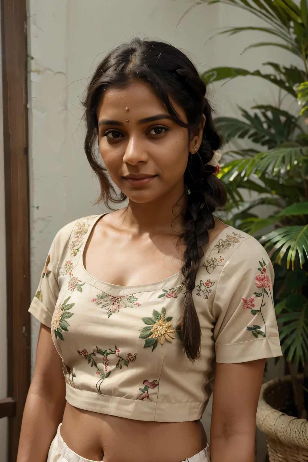 A keralite woman with dark hair in a braid, wearing a beige top with floral embroidery, looking directly at the camera with a light smile with 34 size breasts and 36 size booty