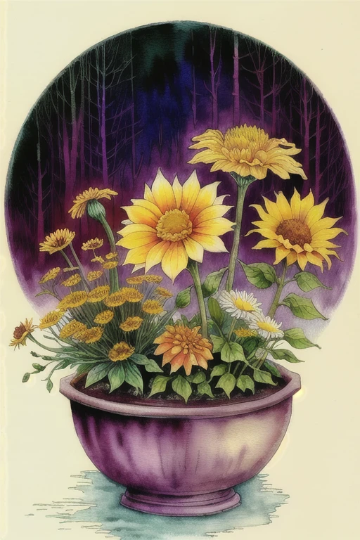 flower, dandelion, daisy, sunflower, miniature violet, marigold, morning light, sunlight, ikebana flowers, foggy fall morning in vermont with colorful trees, renaissance style, feeling contentment, feeling caring, fey, dreamlike, pastel colors, watercolor with pen and ink --ar 2:3 --hd