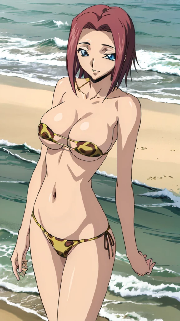 (masterpiece, 4K, highest quality, anime style: 1.9, Detailed face, Lovely, Ocean,Bold Line, High resolution, anime, Lake 4. alone, Curvaceous, Thighs, Cleavage, Center of chest, smile, Please open your mouth wide, Very slim belly, Cowboy Shot, Leopard print bikini,1 girl,   Code Geass Kallen Stadtfeld, Karen Code Geass