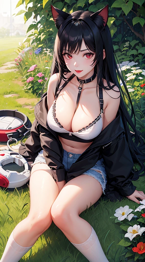 Detailed facial details,1 girl、Cat ear,Black long hair, Charming red eyes, Radiant Skin,red lips,Pure white bra,Denim shorts,White socks,Slim,Large Breasts,Facial details are very detailed, handcuffs,Collar,garden,grassland