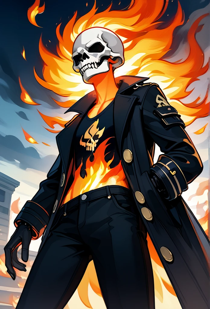adult male, (completely black head, charcoal head, head on fire, head in flames, head covered in flames, head wearing skull), (no face, unseen face), tall, fit body, (glowing eyes, golden eyes, side eyeing viewer), (long trench coat, black t-shirt, black pants), hands in trench coat, below view, sidewalk, morning, cowboy shot