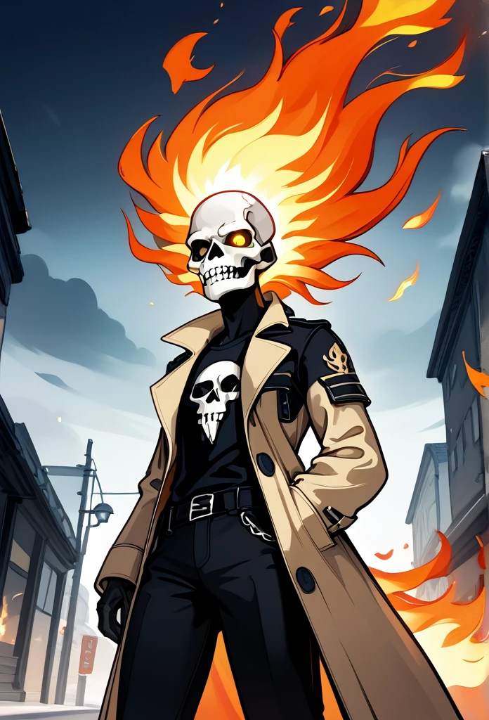 adult male, (completely black head, charcoal head, head on fire, head in flames, head covered in flames, head wearing skull), (no face, unseen face), tall, fit body, (glowing eyes, golden eyes, side eyeing viewer), (long trench coat, black t-shirt, black pants), hands in trench coat, below view, sidewalk, morning, cowboy shot