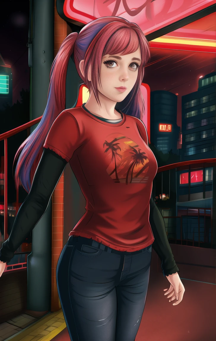 red shirt, long sleeves, standing, twintails, neon lights, night, looking at viewer, blue jeans, solo, Hilda Valentine Goneril, pink hair,elliet1