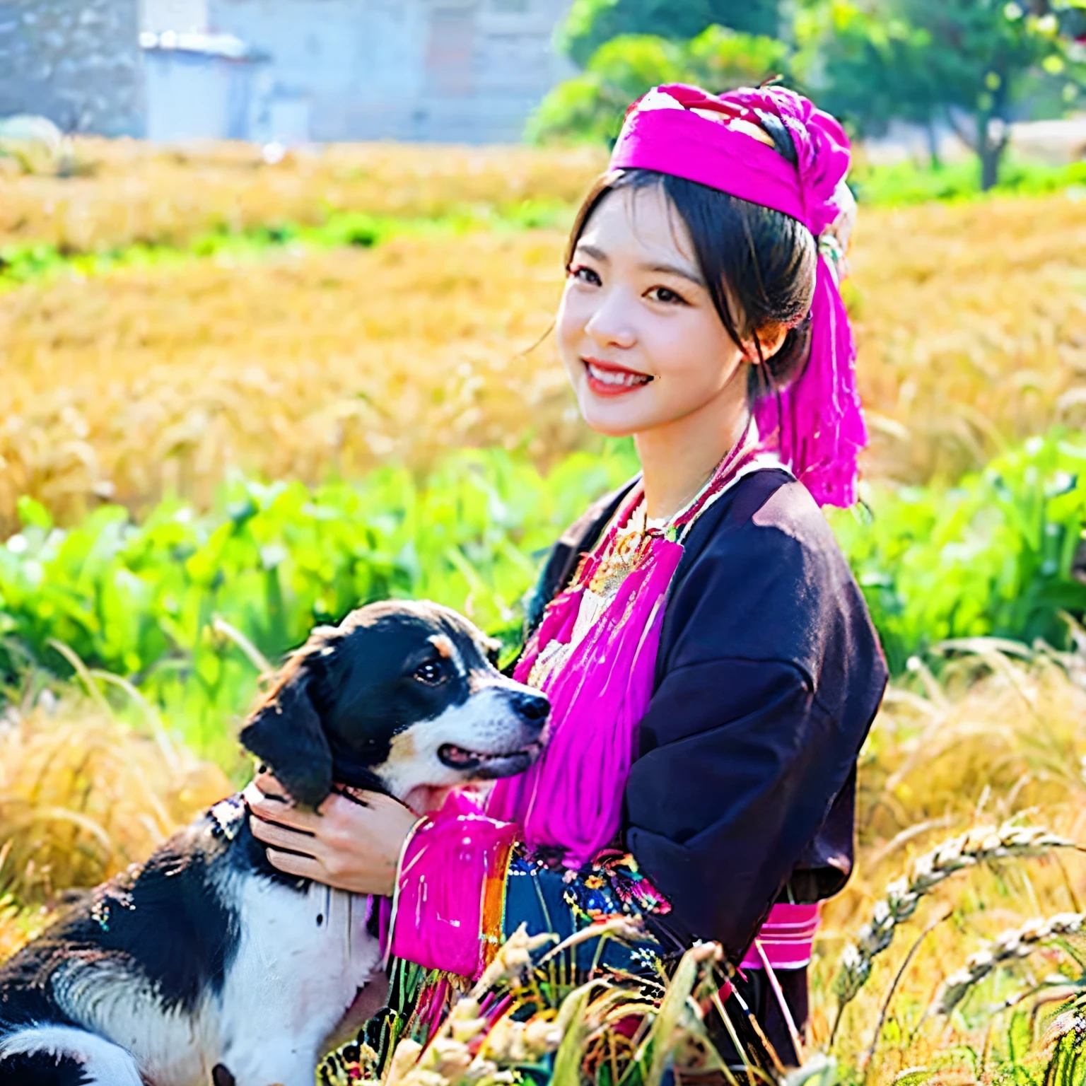 a farmer woman wear black shirt play with a dog in a wheat field, secluded, rural, HD detail, hyper-detail, cinematic, surrealism, soft light, deep field focus bokeh, ray tracing and surrealism, black hair, traditional clothes, pink silk thread, pink headband, green jade bead, detailed face, detailed eyes, rules of thirds, zoom out, happy, strong girl, natural light skin, fullbody