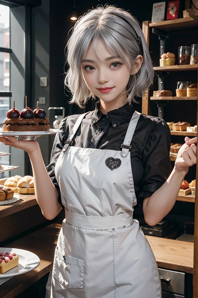 Girl with silver bob hair, red eyes, smile faces, nekomimi headset, shop assistant, pastry shop assistant, pastry chef, aprons, plate in hand (high quality), (delicate face), very detailed, highest quality, professional lighting, award-winning image.