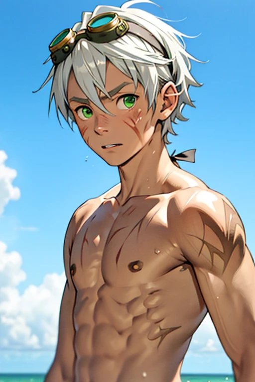 Tied up　string　torture　Fight　Young people　Swimwear　male　Embarrassing　Pull　suffer　thin　Gray Hair　juvenile　anime　Upper body naked　Droopy eyes 　Tea skin　Sunburn　Brown Skin　Embarrassing　Put goggles over your head　Green Eyes　return　