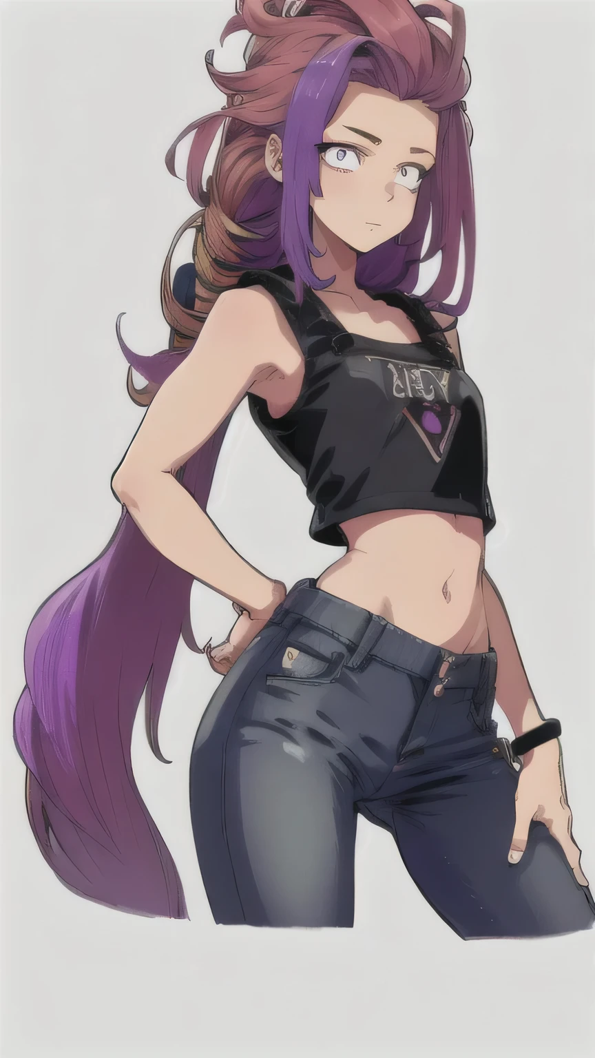 1 girl, Zoey, (Heterochromia:1.3), (long hair), (dirty hair), purple hair , in jeans and crop top, lush, magic hair,
