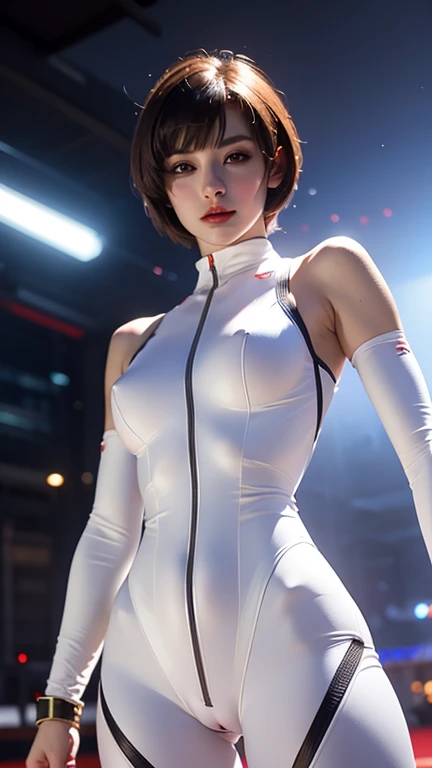 beautiful woman warrior in white shiny armor ninja jumpsuit ,red short hair , prominent nipples, cameltoe, beautiful  belly breasts ,holds a cyber gun ,dynamic pose, medium long shot .,sci-fi city and light bokeh background