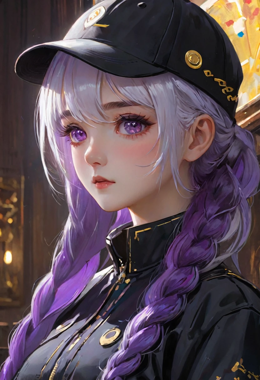 masterpiece, best quality, 4k, Ultra HD, Sansho Castle, , Beautiful eyes and delicate face, illustration, Beautiful and detailed, high resolution illustration, Luminescence_White_particle, 1 Girl, yinji, purple hair, purple eyes, long hair, white hair, double braids, gradient hair, Short side details, Baseball cap,Poker face, curtain, black jacket, Chest hanging, Cyberpunk, Technical clothing,(Impressionism:1.4), Vincent Van Gogh