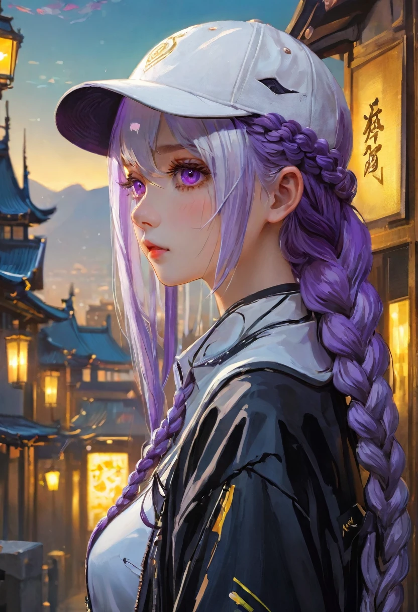 masterpiece, best quality, 4k, Ultra HD, Sansho Castle, , Beautiful eyes and delicate face, illustration, Beautiful and detailed, high resolution illustration, Luminescence_White_particle, 1 Girl, yinji, purple hair, purple eyes, long hair, white hair, double braids, gradient hair, Short side details, Baseball cap,Poker face, curtain, black jacket, Chest hanging, Cyberpunk, Technical clothing,(Impressionism:1.4), Vincent Van Gogh