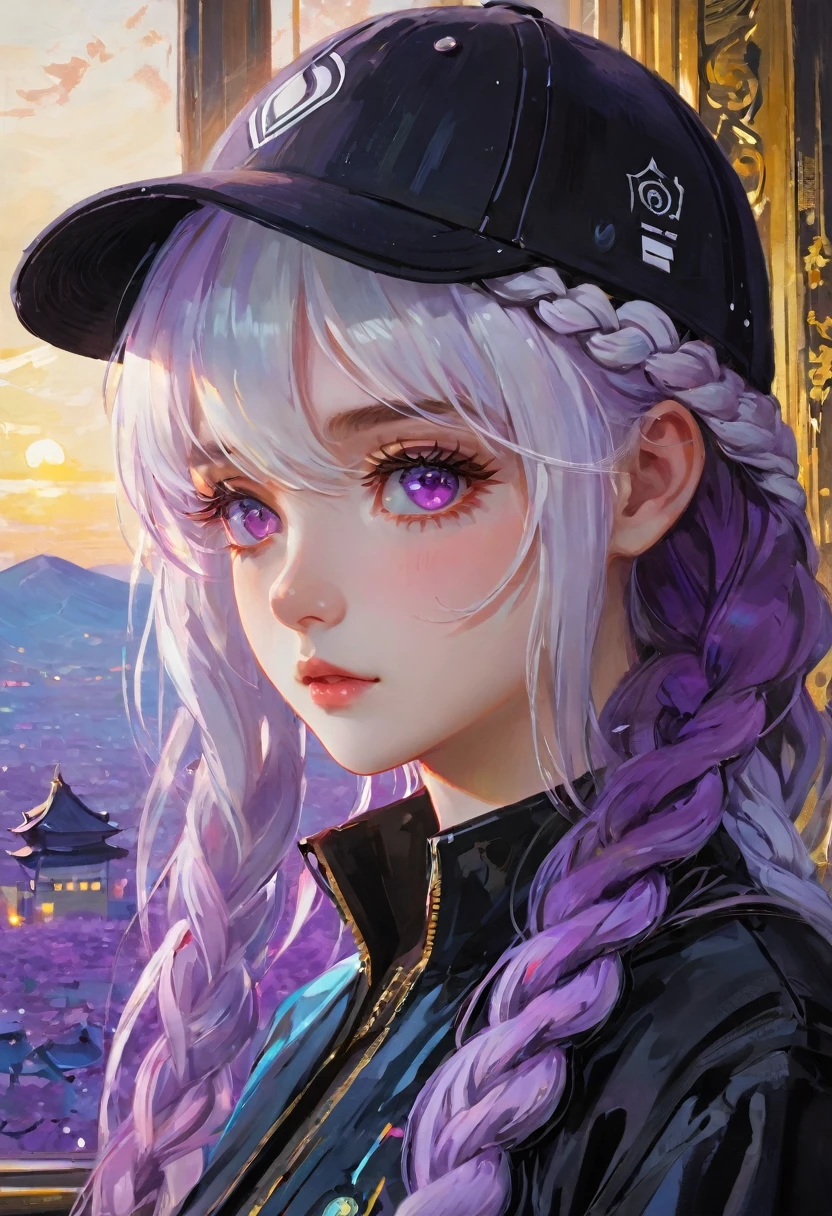 masterpiece, best quality, 4k, Ultra HD, Sansho Castle, , Beautiful eyes and delicate face, illustration, Beautiful and detailed, high resolution illustration, Luminescence_White_particle, 1 Girl, yinji, purple hair, purple eyes, long hair, white hair, double braids, gradient hair, Short side details, Baseball cap,Poker face, curtain, black jacket, Chest hanging, Cyberpunk, Technical clothing,(Impressionism:1.4), Vincent Van Gogh