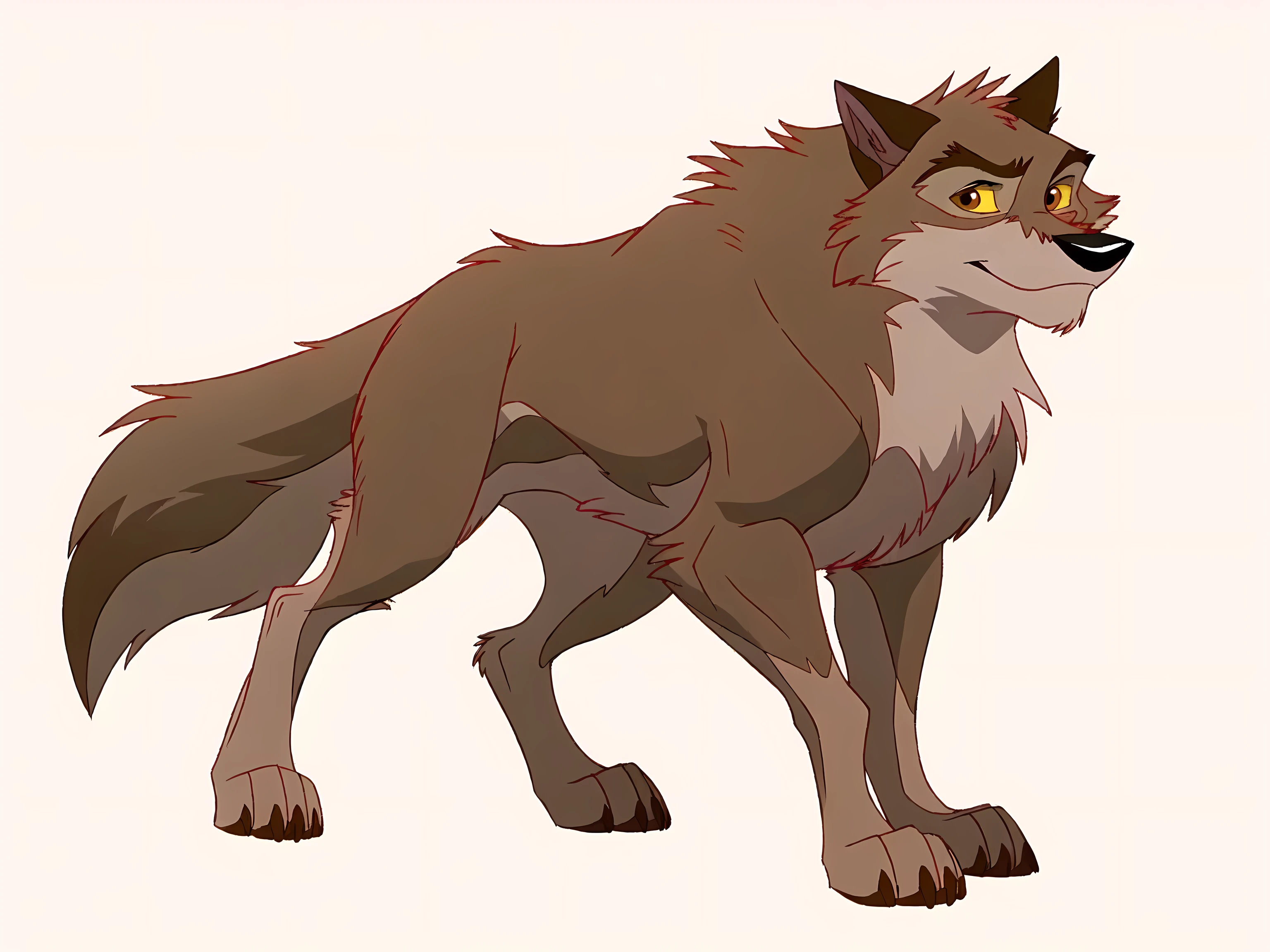 balto, full body, feral, detailed, detailed eyes, quadruped, muscular:1.1, pectorals:1.1, wfa anatomy, male, masculine, adult, wolf, wolf body, wolf tail, brown iris, yellow sclera, cartoon shading, cel shaded:1.0, white background, full body, paws