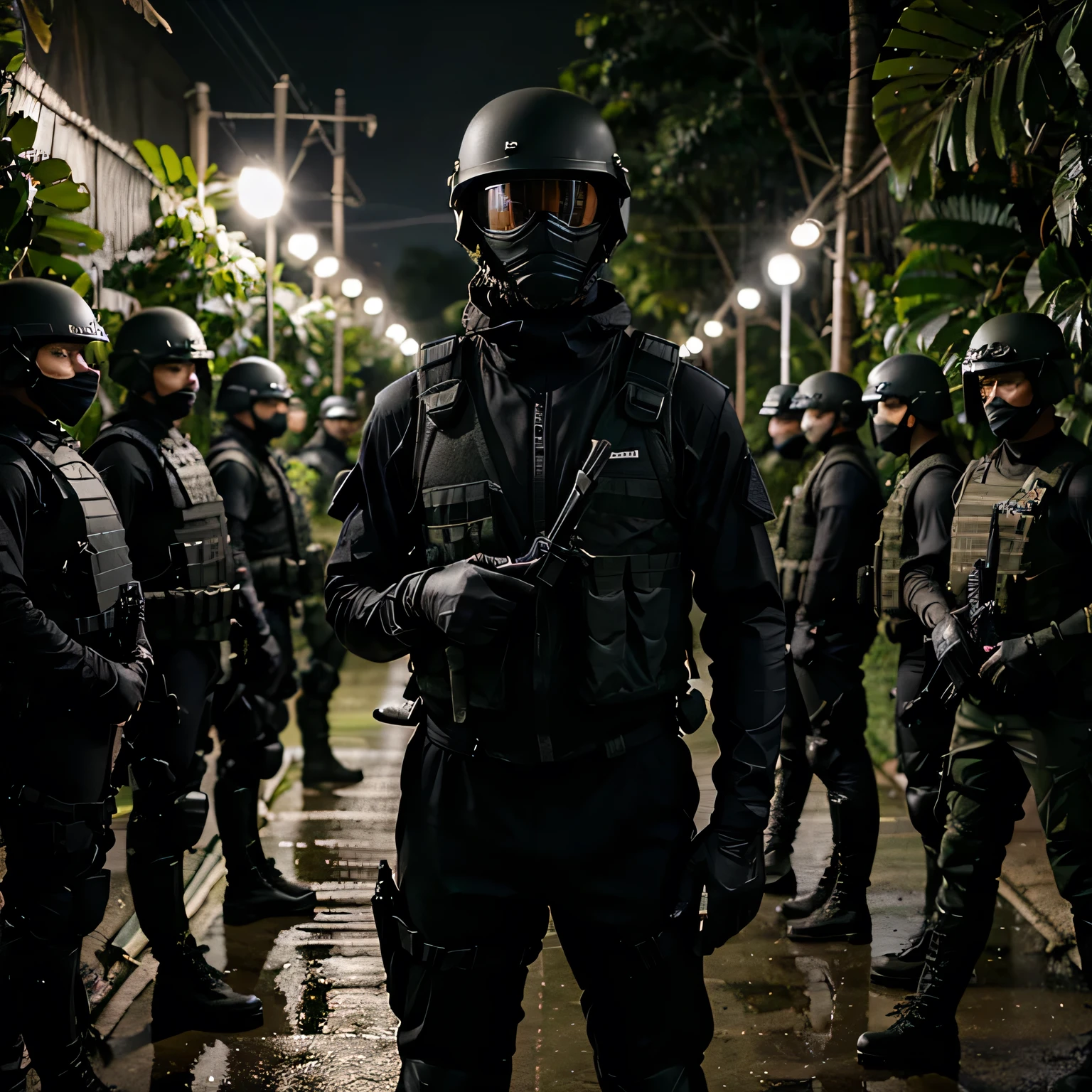 A line of soldier with full black tactical gear: helmet, mask, vest, gun, boots and uniform standing straight, standing in line, in his training bootcamp at the jungle rainforest while its raining at night