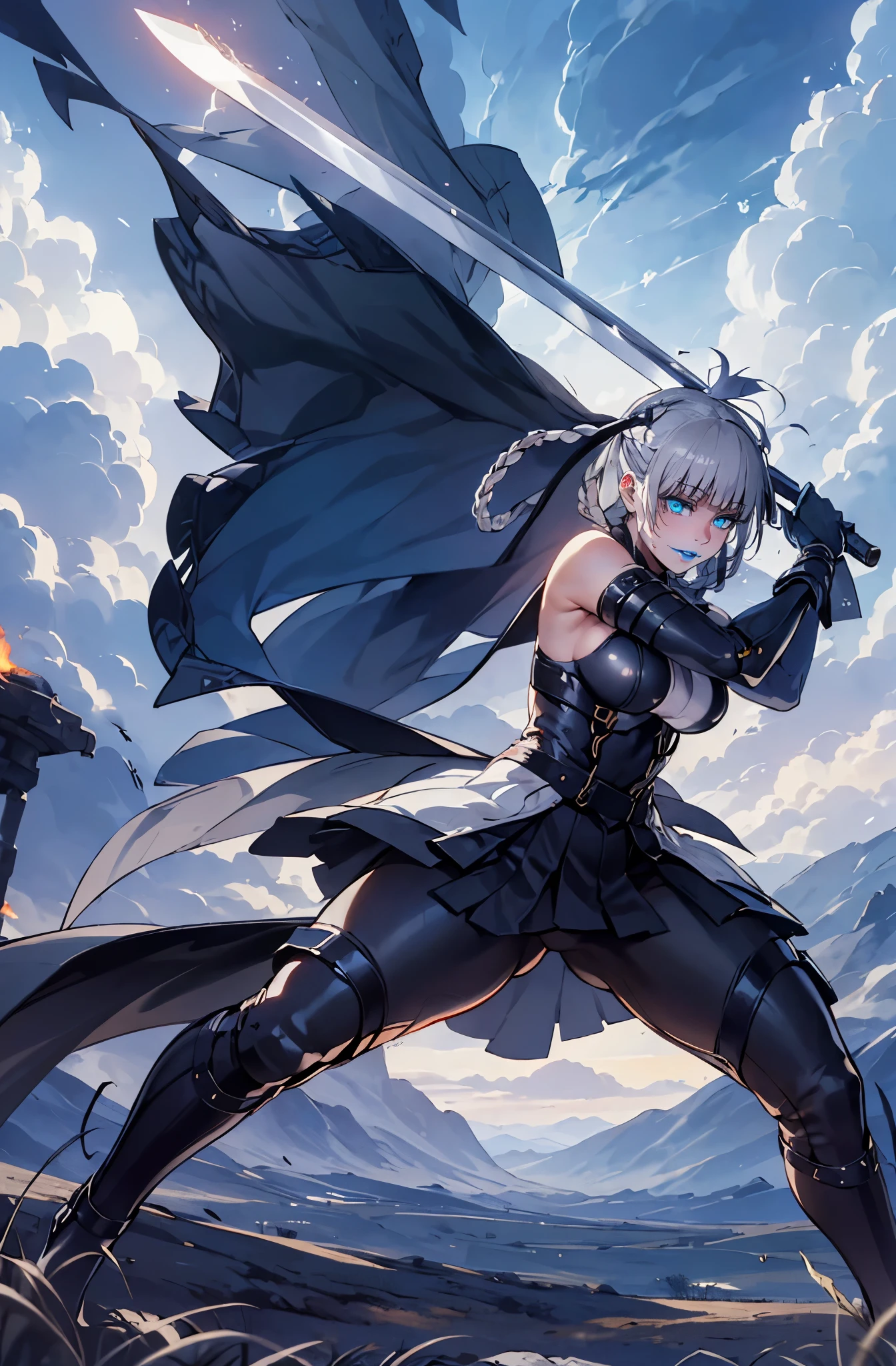 silver hair, o-ring braid, ribbon, blue lips, dark-blue eyes, curvy, large breasts, anatomically correct, heavy breathing, mature female, (bodysuit:1.3), field, cloudy sky, holding sword, glowing sword, fantasy art, epic art, dynamic pose, fire,