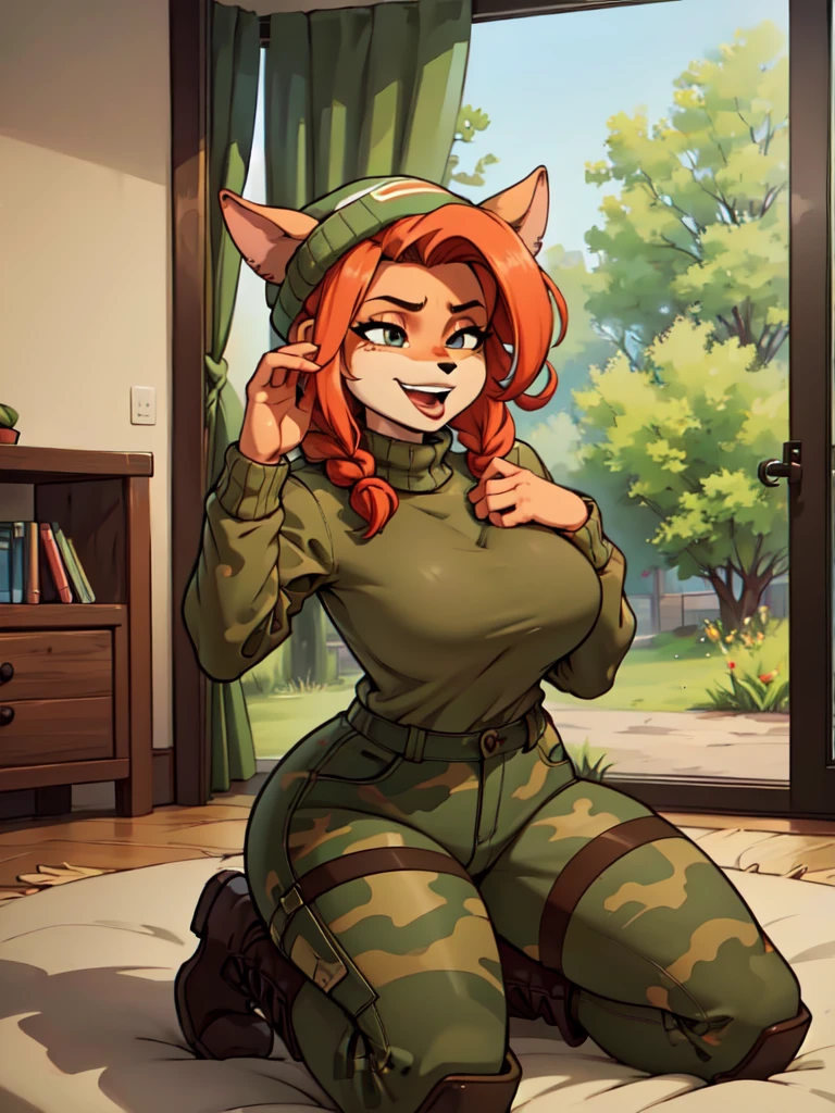 (best quality,4k,8k,highres,masterpiece:1.2),ultra-detailed,realistic:1.37,portrait,anthro bandicoot girl redhead, braided hair, beautiful closed eyes, open mouth tongue ,sexy ,seductive, warm sweater, camouflage beanie-balaclava ,camouflage pants, army boots, smirking, cozy lighting, vibrant colors , girl anthro , sweater, camouflage beanie, camouflage pants, army boots,