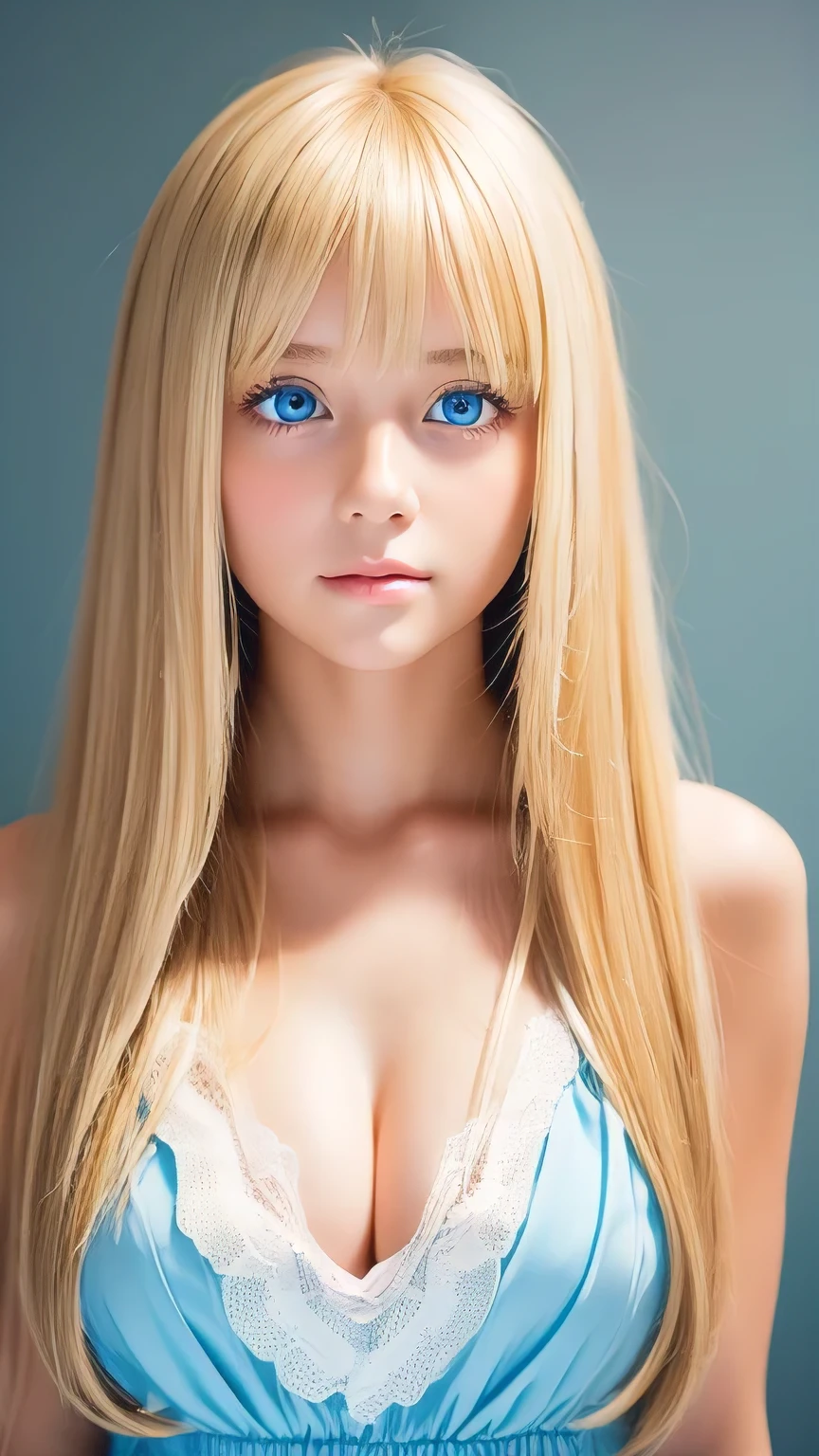 Face focus, Crazy for love, , Frilled Summer Dress, Very beautiful blonde Scandinavian girl, Overwhelmingly beautiful, Beautiful shiny super long straight blonde silky hair、Blonde bangs over the eyes、Blonde hair over one eye、Blonde hair between the eyes、Has cleavage, Arms behind head, Low contrast, (Shy and cheerful expression:0.8), Hair Scrunchie, highest quality, Ultra-high resolution, Realistic photos, Very detailed, 8K, Raw photo, Perfect Anatomy、so beautiful, The Shining, Very bright light blue eyes、Very big eyes、Small Face Beauty
