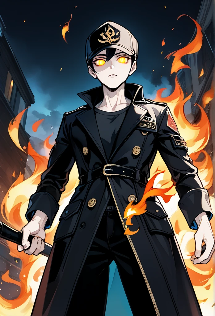 adult male, (completely black head, charcoal head, head on fire, head in flames, head covered in flames, wearing flatcap hat), (no face, unseen face), tall, fit body, (glowing eyes, golden eyes, side eyeing viewer), (long trench coat, black t-shirt, black pants), hands in trench coat, below view, sidewalk, morning, cowboy shot
