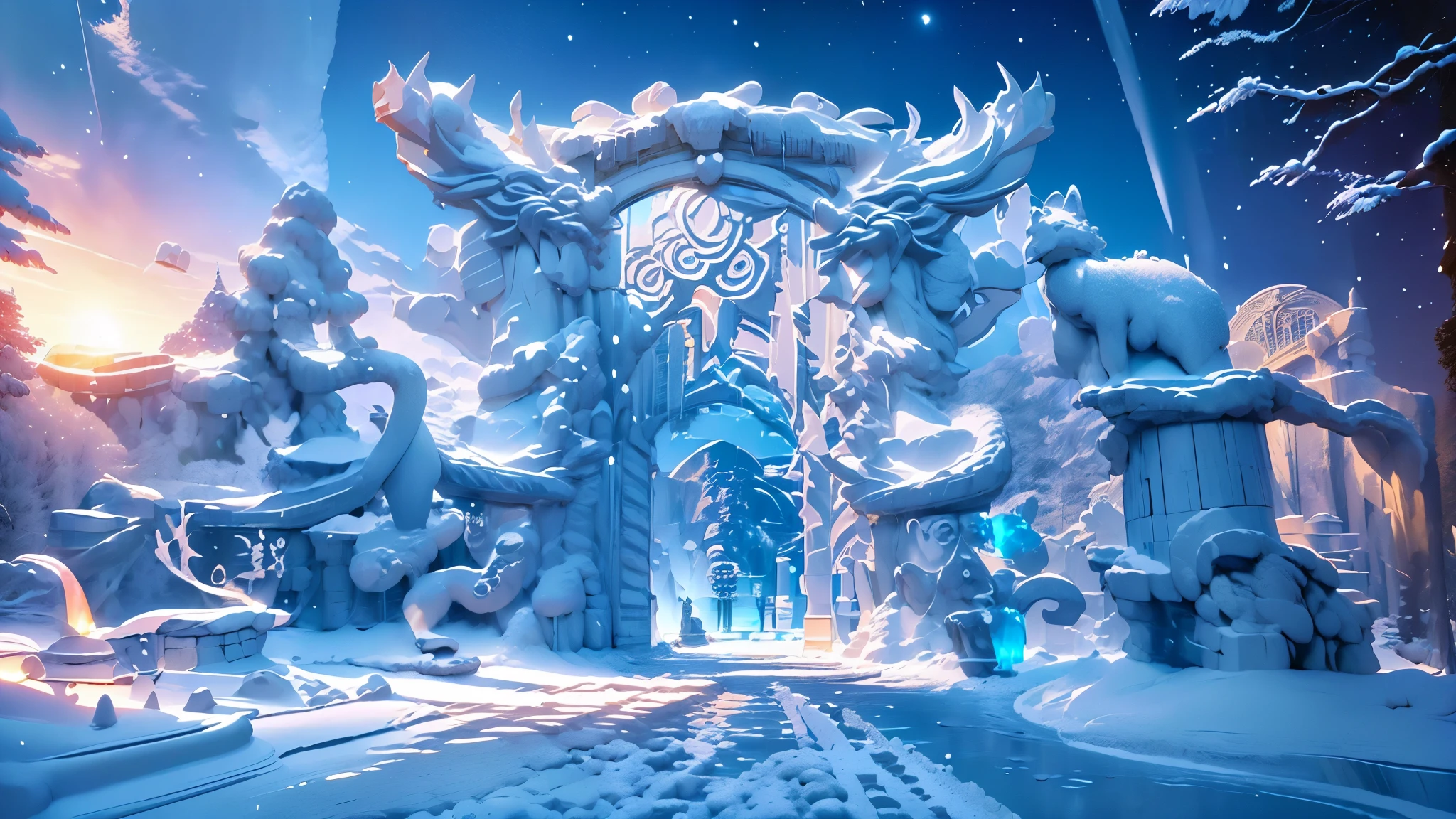 ((masterpiece)）((Hyperrealism))This is the grand entrance to an ice-themed amusement park, with elaborate snow-covered arches adorned with delicate carvings and sculptures of mermaids and nine-tailed foxes. The scene is fantastically illuminated by soft moonlight, which pours over the snow and ice., UHD, high details, best quality, super detail