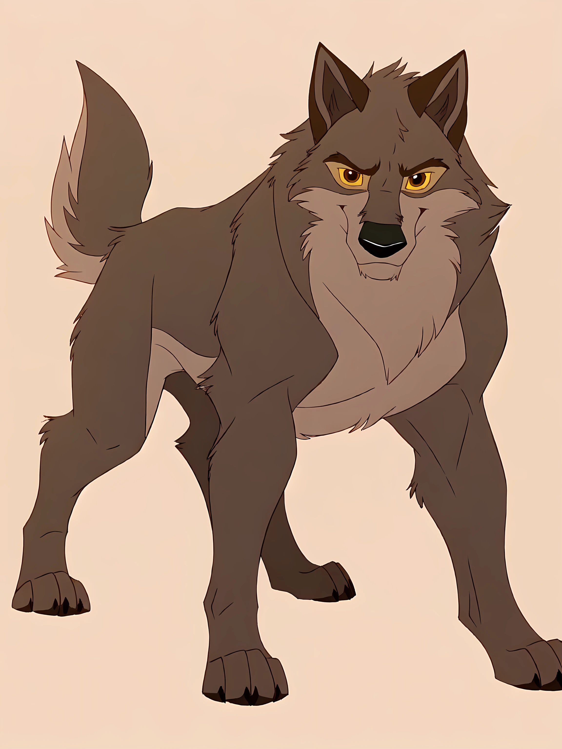 balto, full body, feral, detailed, detailed eyes, quadruped, muscular:1.1, pectorals:1.1, wfa anatomy, black lineart, black outline, male, masculine, adult, wolf, wolf body, wolf tail, brown iris, yellow sclera, cartoon shading, cel shaded:1.0, white background, full body, paws