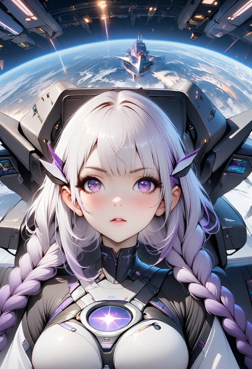 (Maximum resolution, clearly_image), best quality, masterpiece, Very detailed, Semi-realistic, 1 girl, yinji, purple hair, purple eyes, long hair, white hair, double braids, gradient hair, Spaceship space, Control Room, 