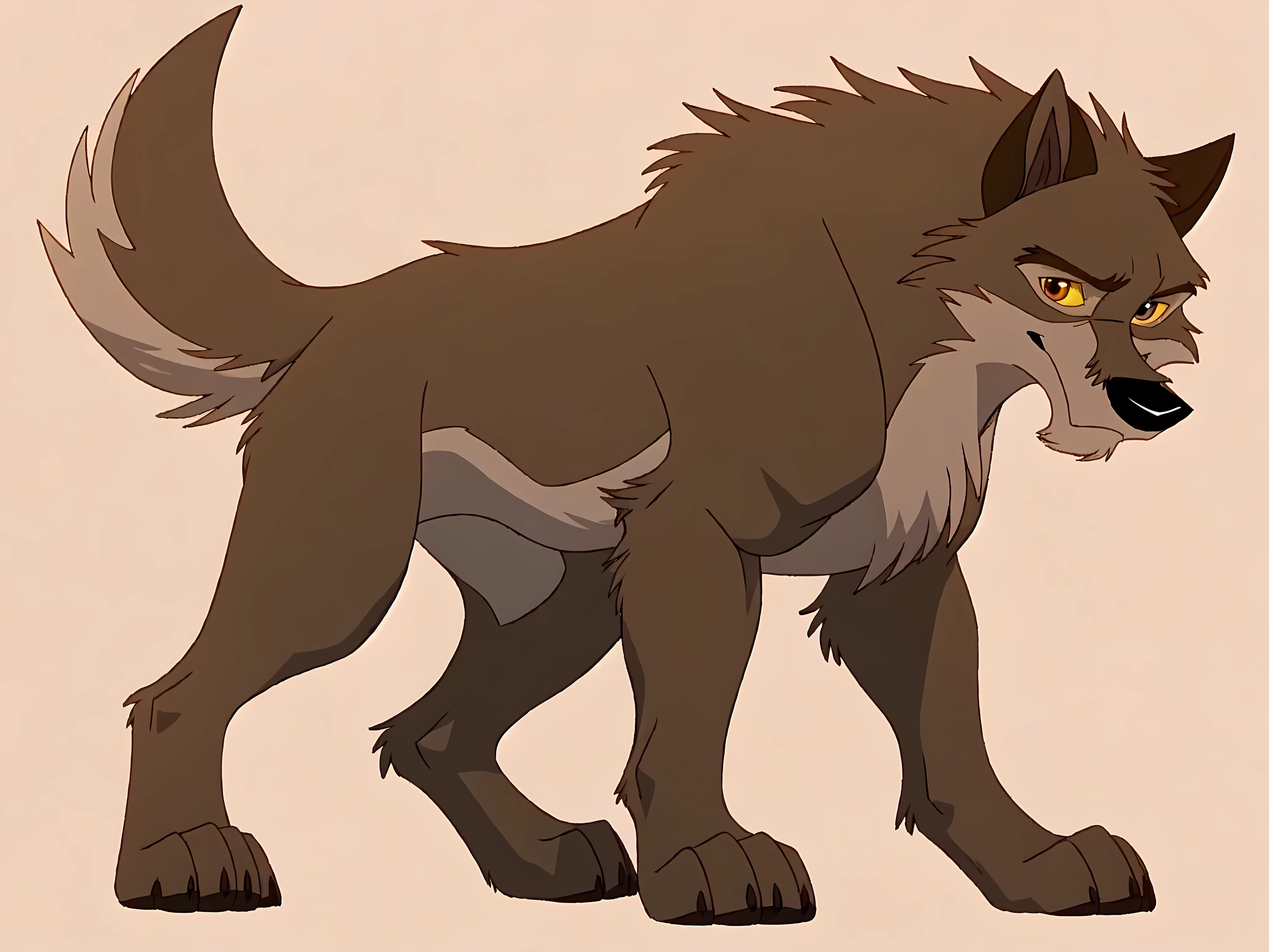 balto, full body, feral, detailed, detailed eyes, quadruped, muscular:1.1, pectorals:1.1, biceps, wfa anatomy, black lineart, black outline, male, masculine, adult, wolf, wolf body, wolf tail, brown iris, yellow sclera, cartoon shading, cel shaded:1.0, white background, full body, paws