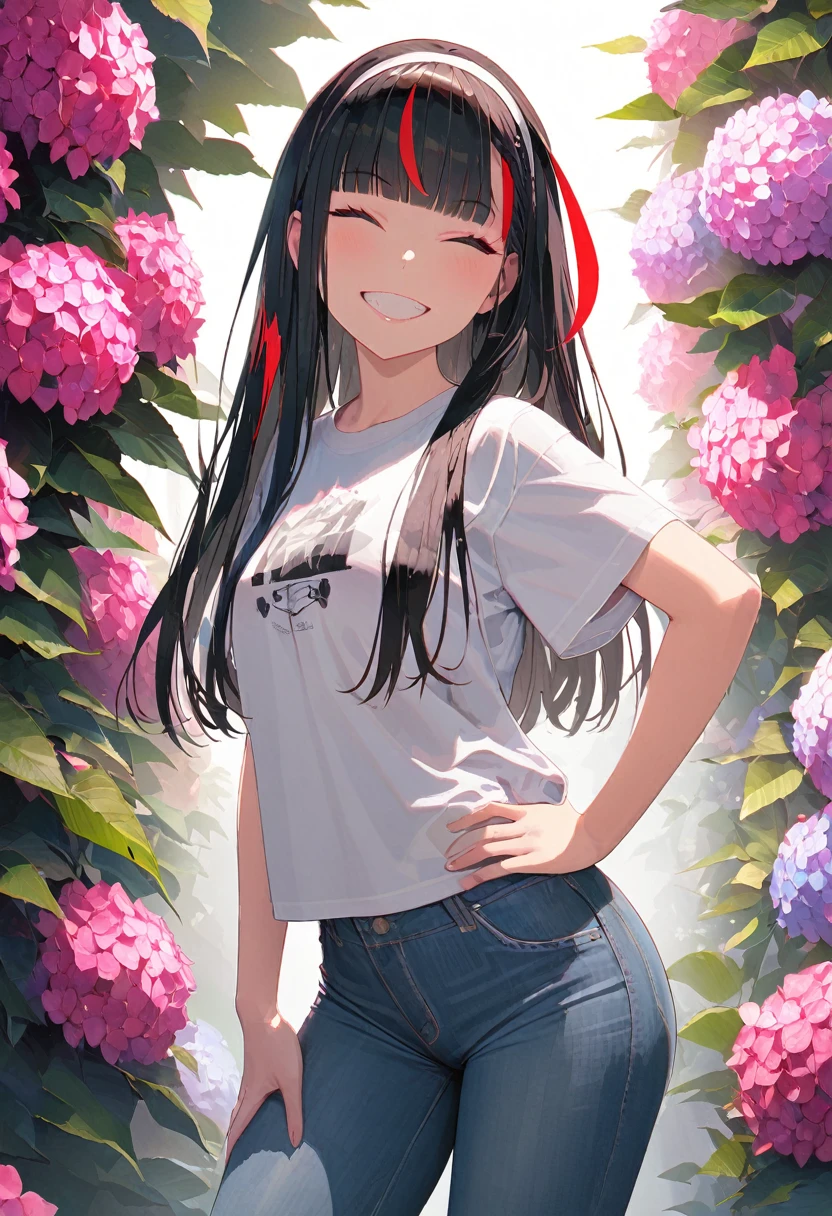 (best quarity,ultra detailed,ultra-high-resolution, absolutely resolution,8k, masterpiece), very-cute-and-beautiful-anime-girl, walking front of hydrangea, grin, from front, looking away, smile, white shirts, jeans, hand on hip, crimson eyes, closed eyes, long hair, straght hair, black hairs, (red streaked hair:1.2), blunt bangs, braid, hairband,sneakers, solo,