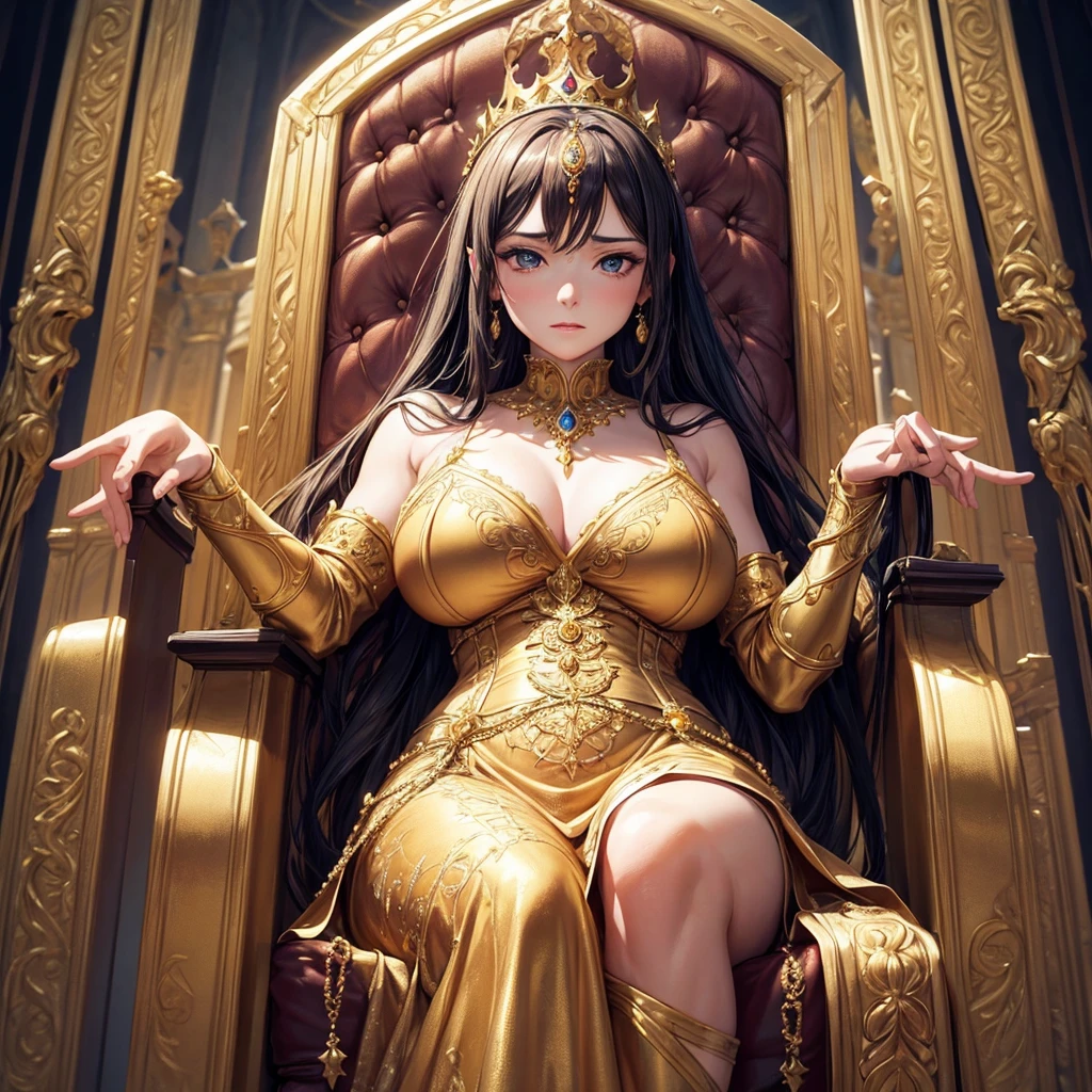 a woman sitting on a throne, golden dress, very large breasts, beautiful crown, looking down, detailed face, realistic, photorealistic, 8k, masterpiece, oil painting, dramatic lighting, fantasy, intricate details, ornate throne, medieval, regal, powerful expressionShe lives in a golden castle